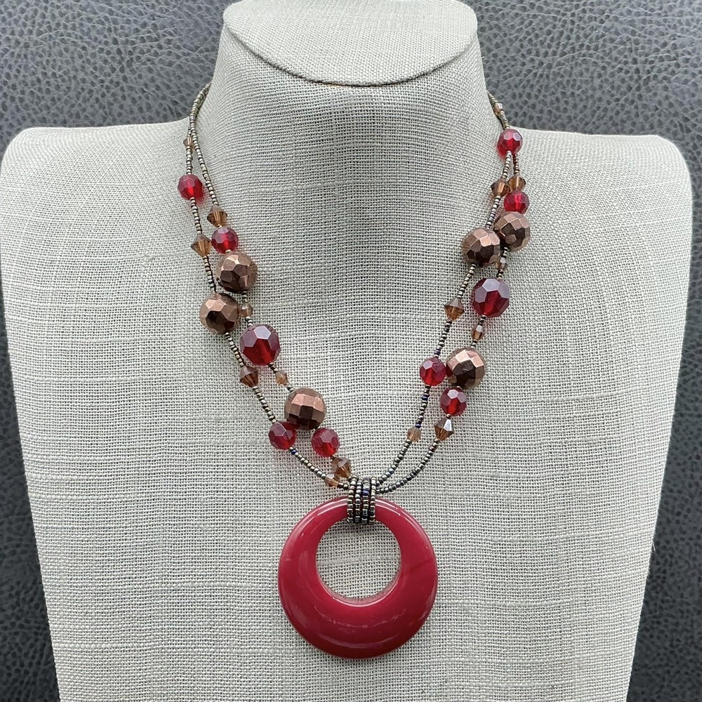 Lia Sophia Necklace Red Beaded‎ Layered Round Pendant 18 In Womens Statement